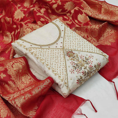 Elegant Beige Festive Wear Embroidered Modal Chanderi Dress Material